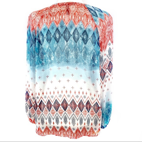 BCBGMaxAzria size S orange blue & ivory BOHO tie front long puffed sleeve blouse - Picture 3 of 15